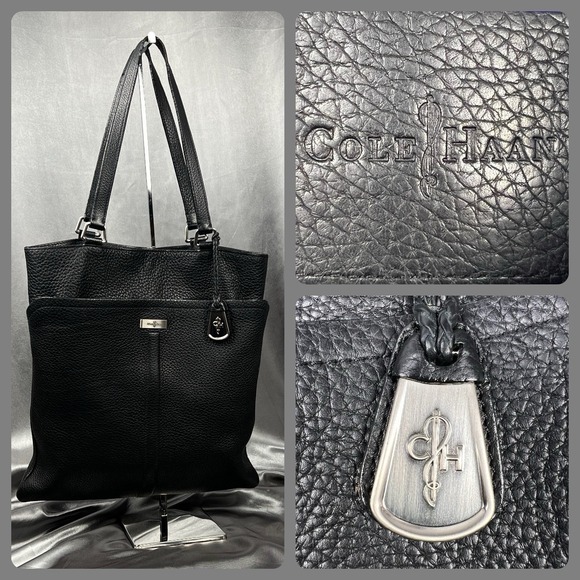 Cole Haan Mercy Tech Pebbled Leather Tote Black Bag Charm Magnetic Closure 14
